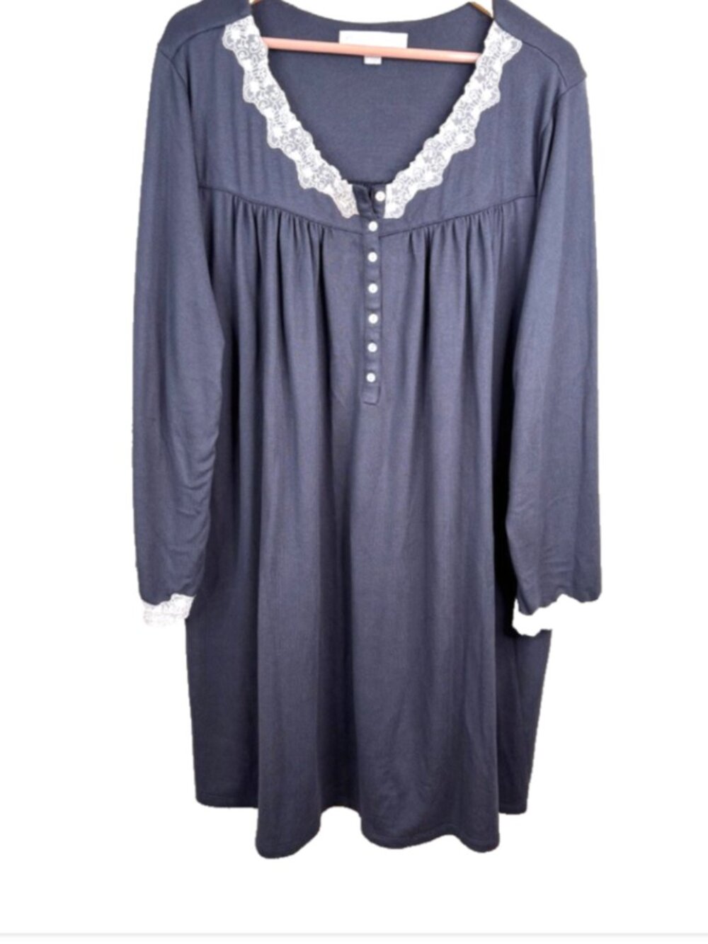 Eileen West Long Sleeve Nightgown XL Grey Lace Trim Cottage Granny Loungewear
